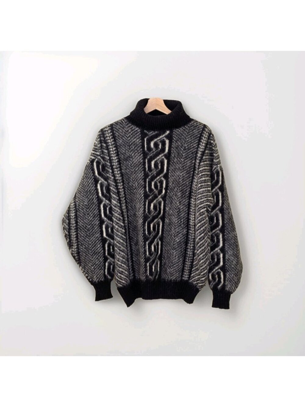 Vtg 70s Hekla Akureyri Iceland Wool Sweater Men L Gray Black Geo Turtleneck Edgy